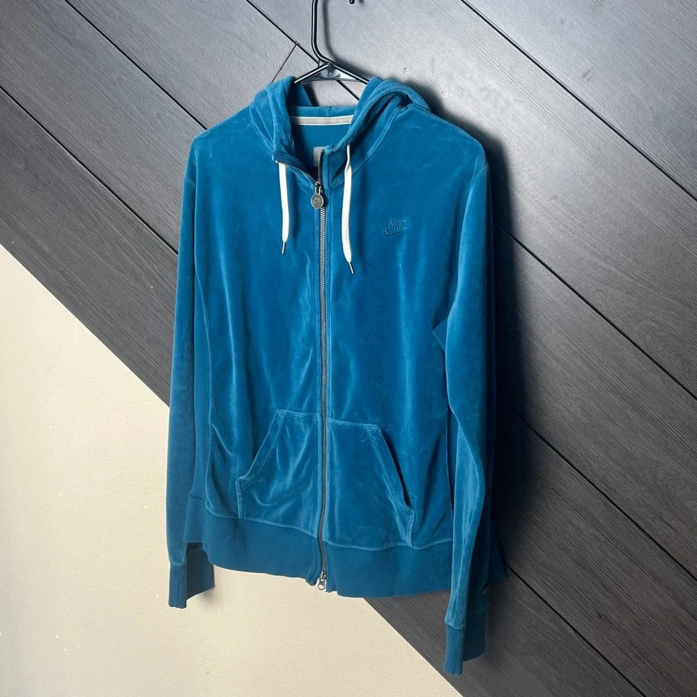 Nike Womens Velour Zip Hoodie Blue XL‎ Y2K Athleisure Casual Streetwear